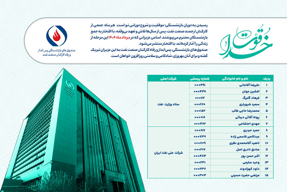 خداقوت؛ اسامی بازنشستگان ارجمند مردادماه ۱۴۰۴