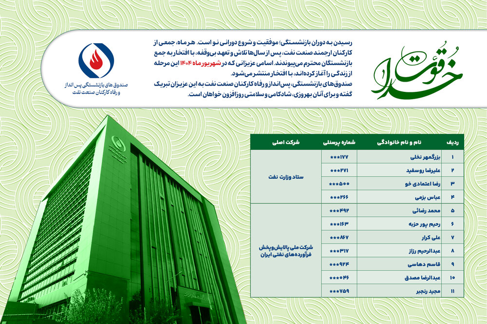 خداقوت؛ اسامی بازنشستگان ارجمند شهریورماه ۱۴۰۴