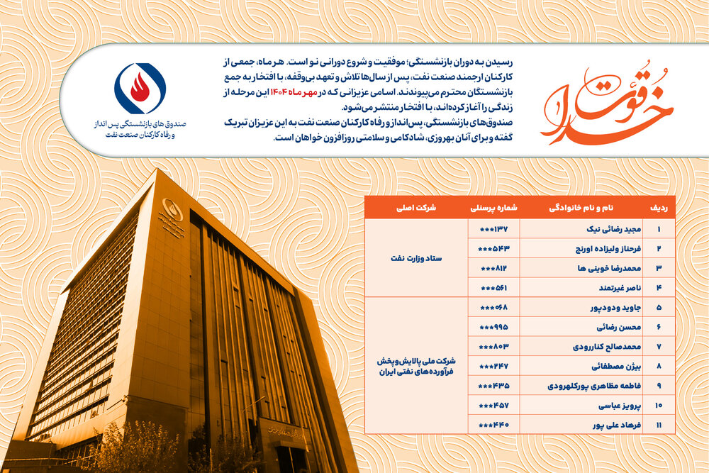 خداقوت؛ اسامی بازنشستگان ارجمندمهرماه ۱۴۰۴